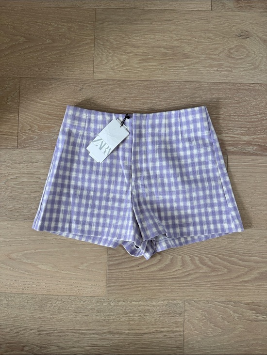 Zara Pants - ZARA Purple & White Gingham Check High Rise Shorts Stretch M